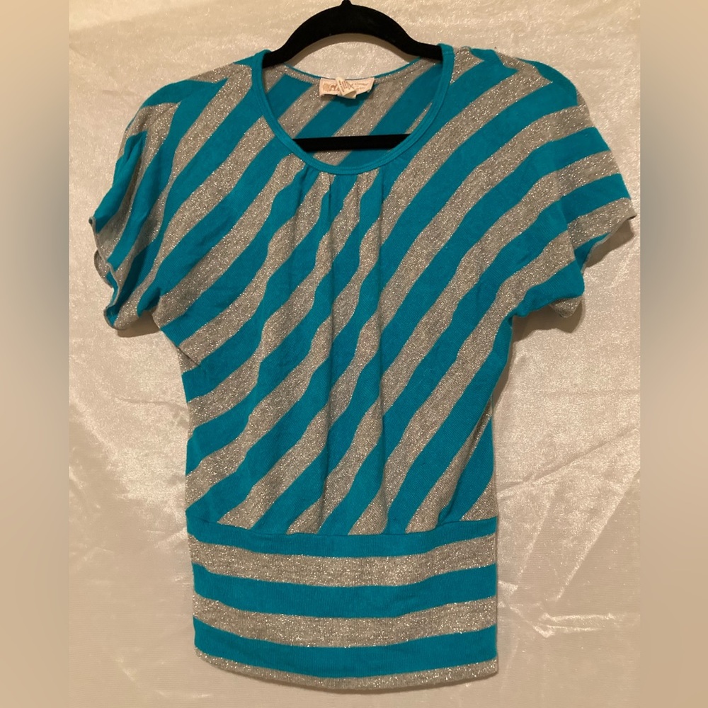 Blue & Silver Striped Short Sleeved Top by Red Camel girls sz Medium